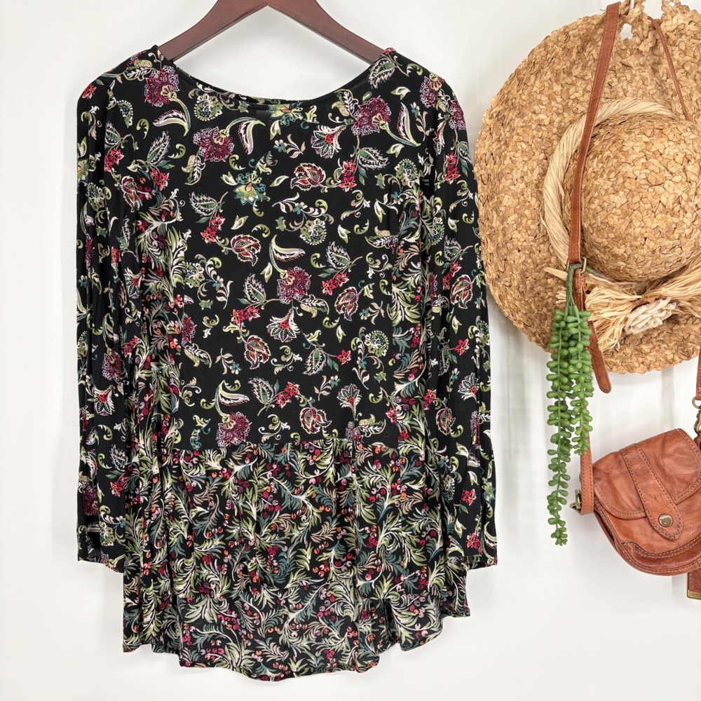 J. Jill SP long-sleeve floral tunic top crew neck peplum high-low Black multi‎